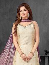 Cream and purple printed silk straight cut salwar suit