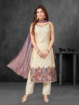 Cream and purple printed silk straight cut salwar suit