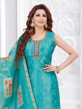 Aqua blue printed silk salwar suit with dupatta