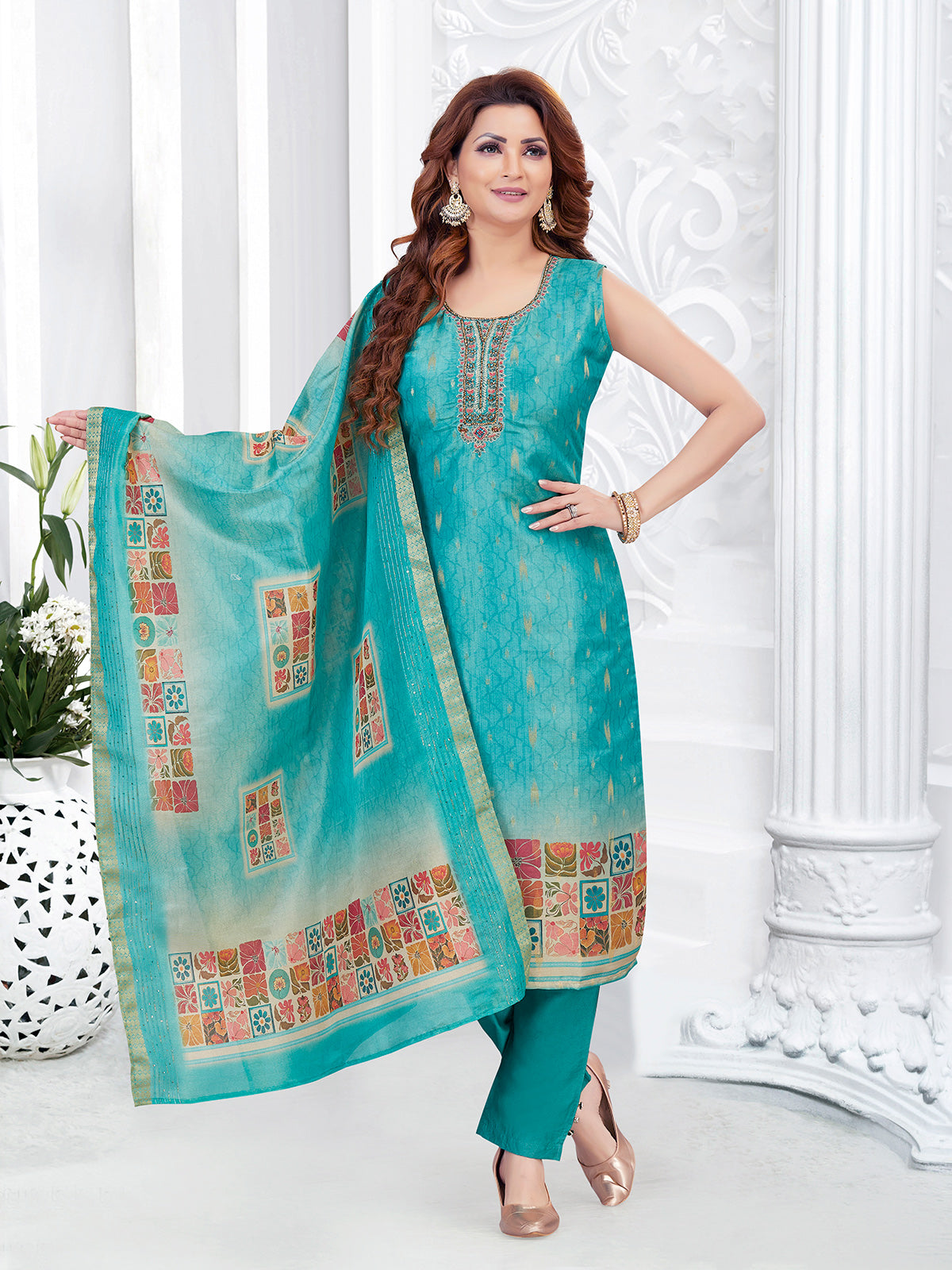 Aqua blue printed silk salwar suit with dupatta