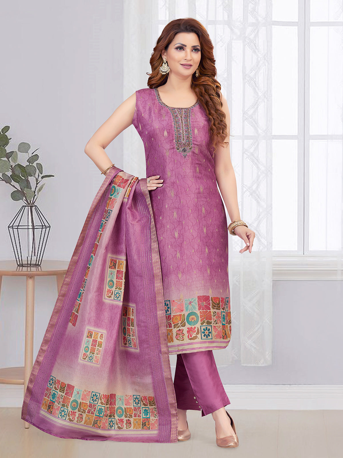 Purple printed silk straight cut salwar suit