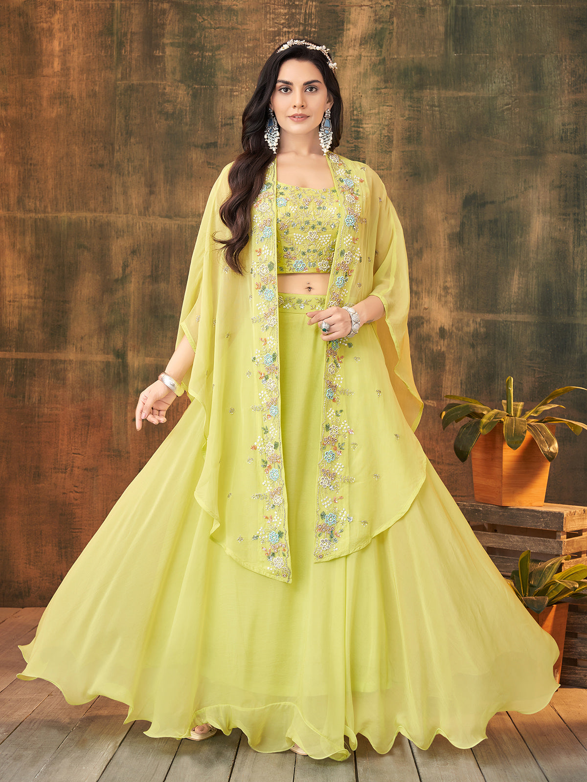 Bright yellow georgette designer lehenga choli with shrug