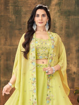 Bright yellow georgette designer lehenga choli with shrug