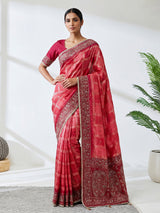 Pink art silk saree with printed contrast border