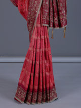 Pink art silk saree with printed contrast border