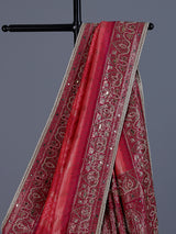 Pink art silk saree with printed contrast border