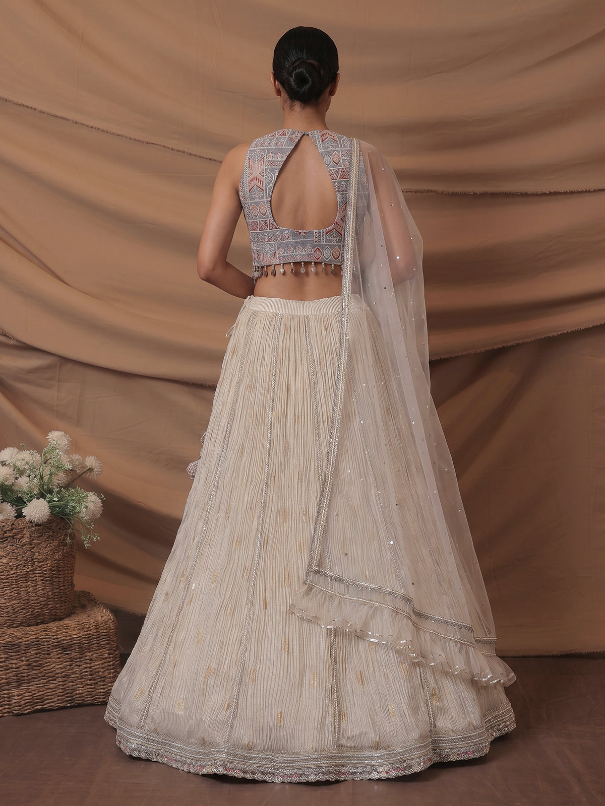 Grey cream chiffon designer lehenga choli ensemble