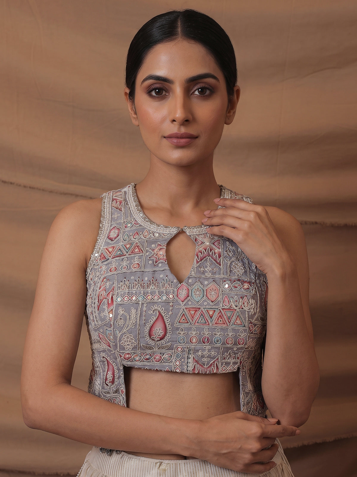 Grey cream chiffon designer lehenga choli ensemble