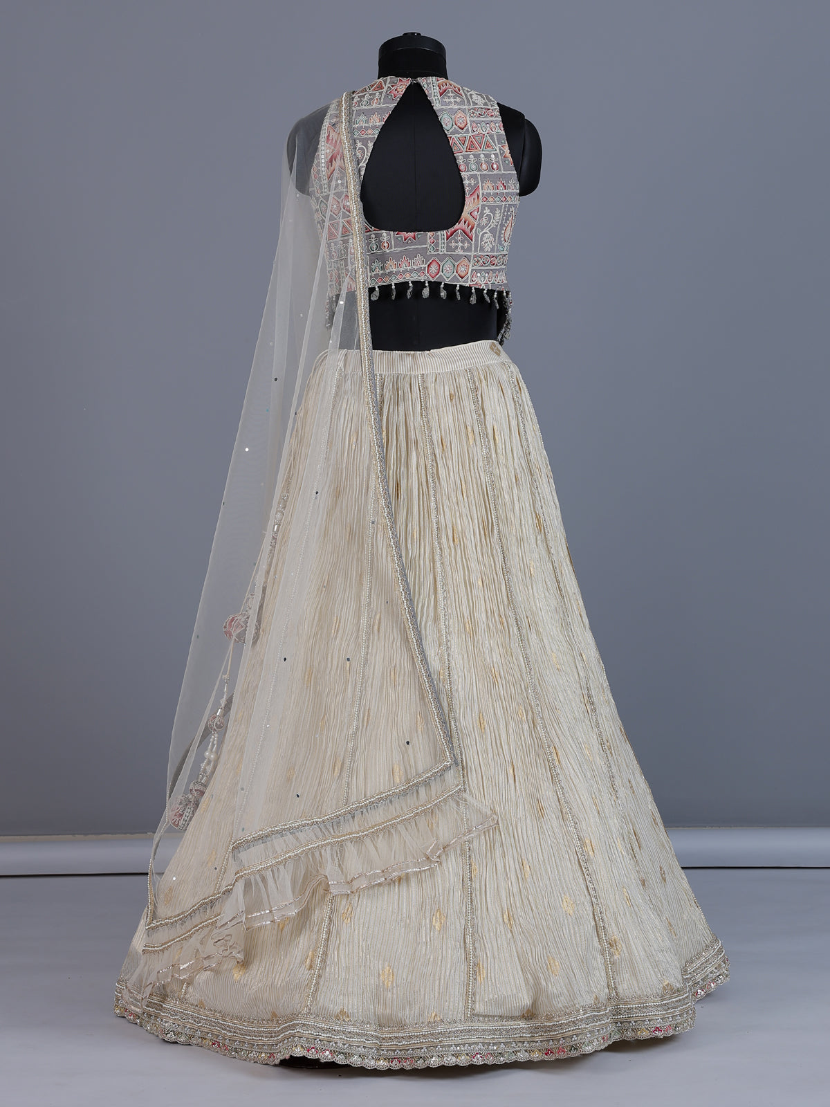 Grey cream chiffon designer lehenga choli ensemble