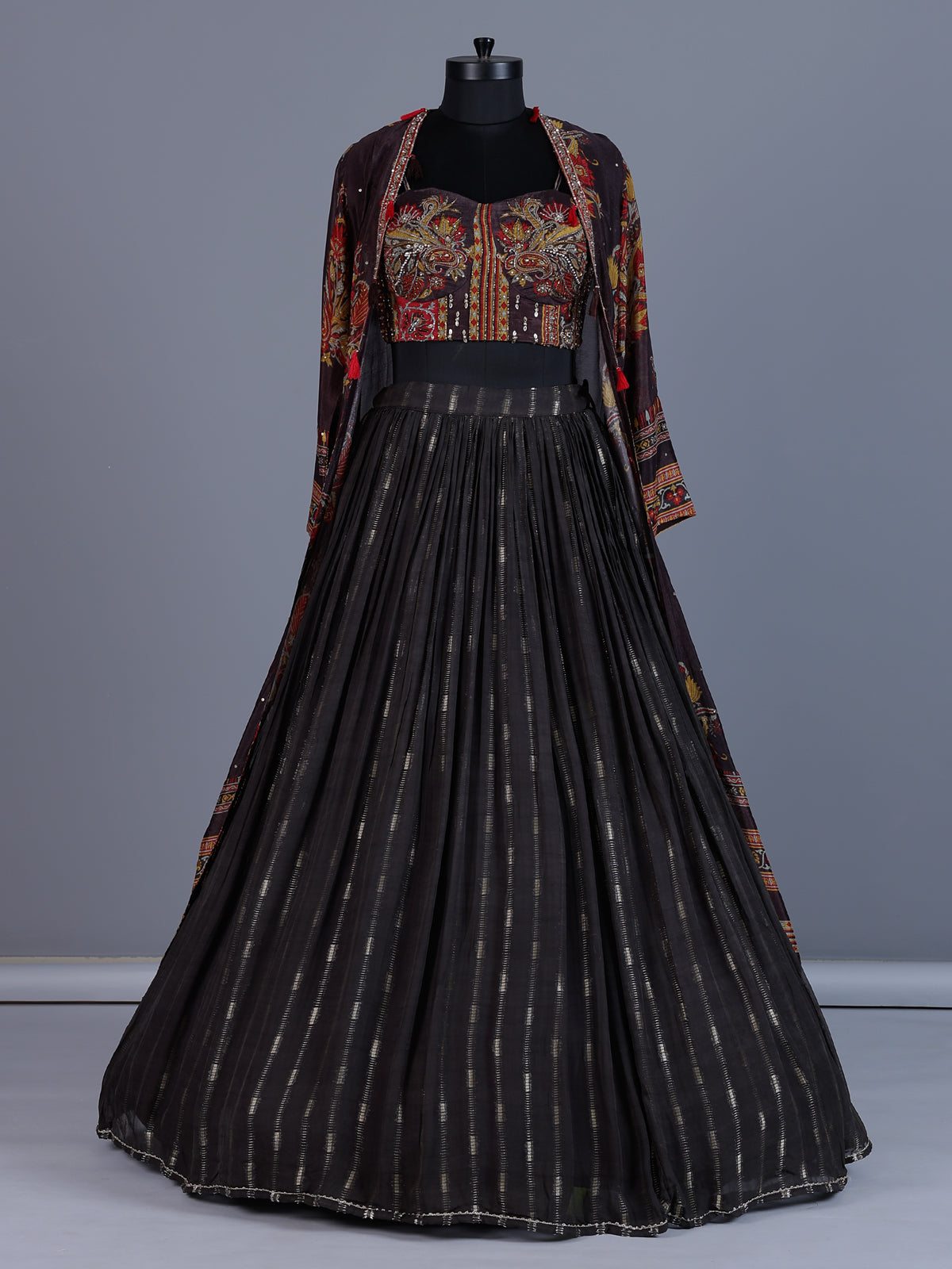 Brown silk long jacket style lehenga choli