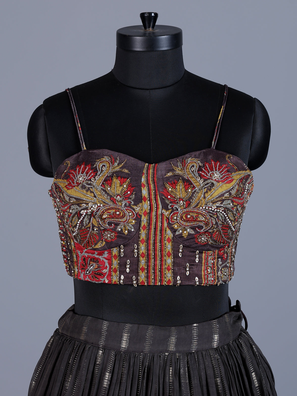 Brown silk long jacket style lehenga choli