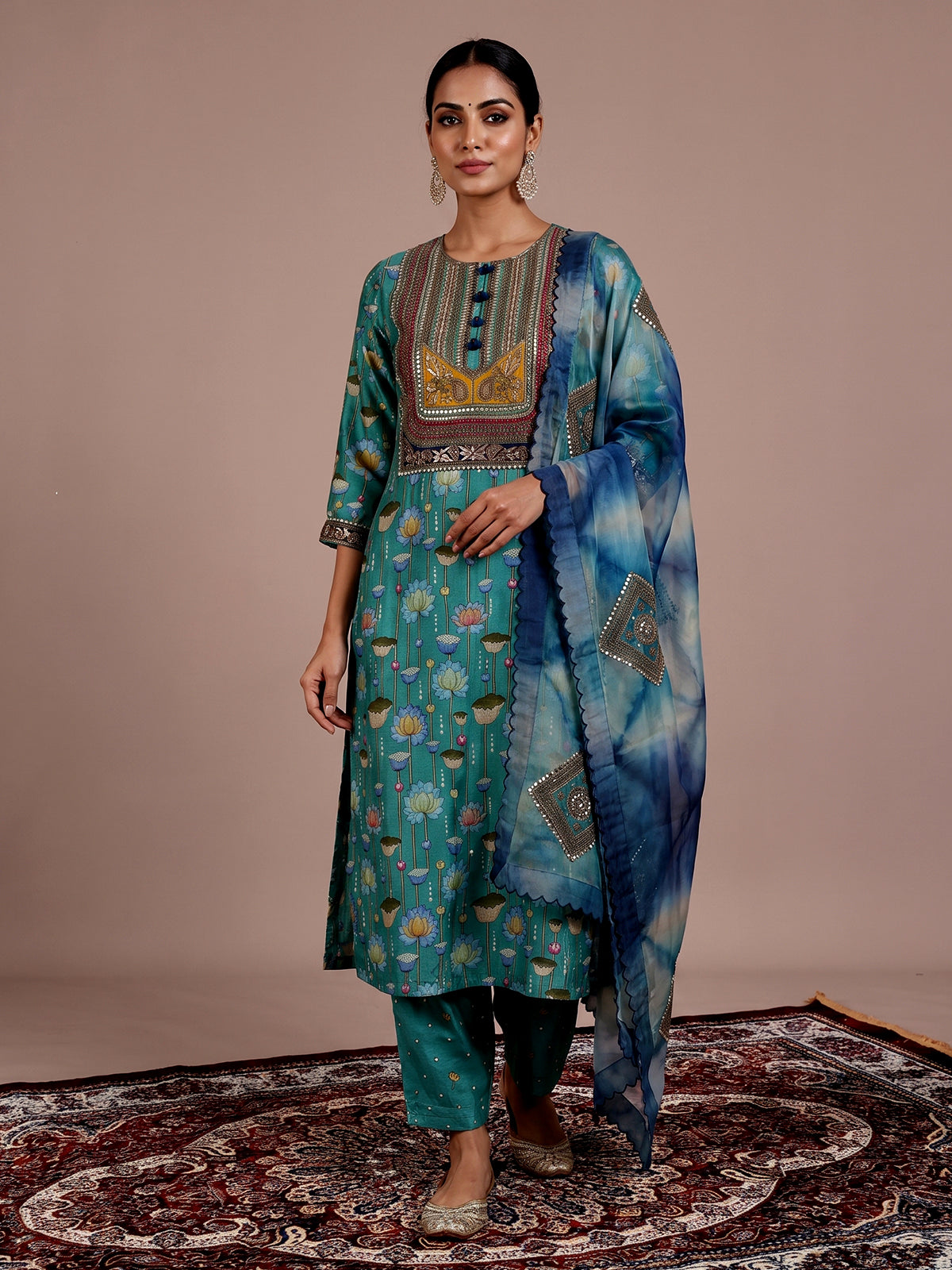 Green printed muslin silk pant suit