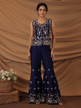 Navy blue embroidered silk sharara suit