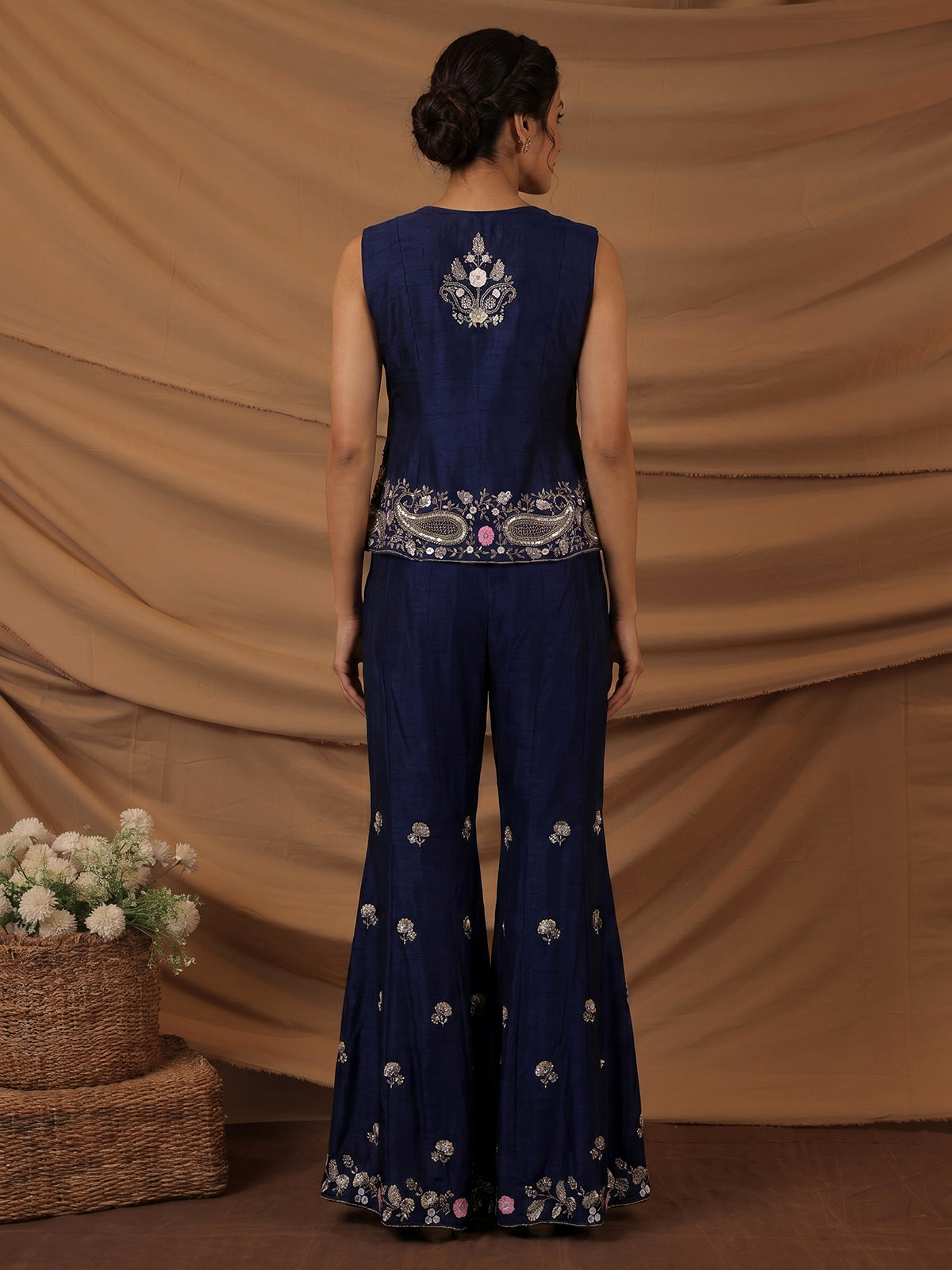 Navy blue embroidered silk sharara suit