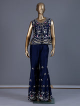 Navy blue embroidered silk sharara suit