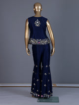 Navy blue embroidered silk sharara suit