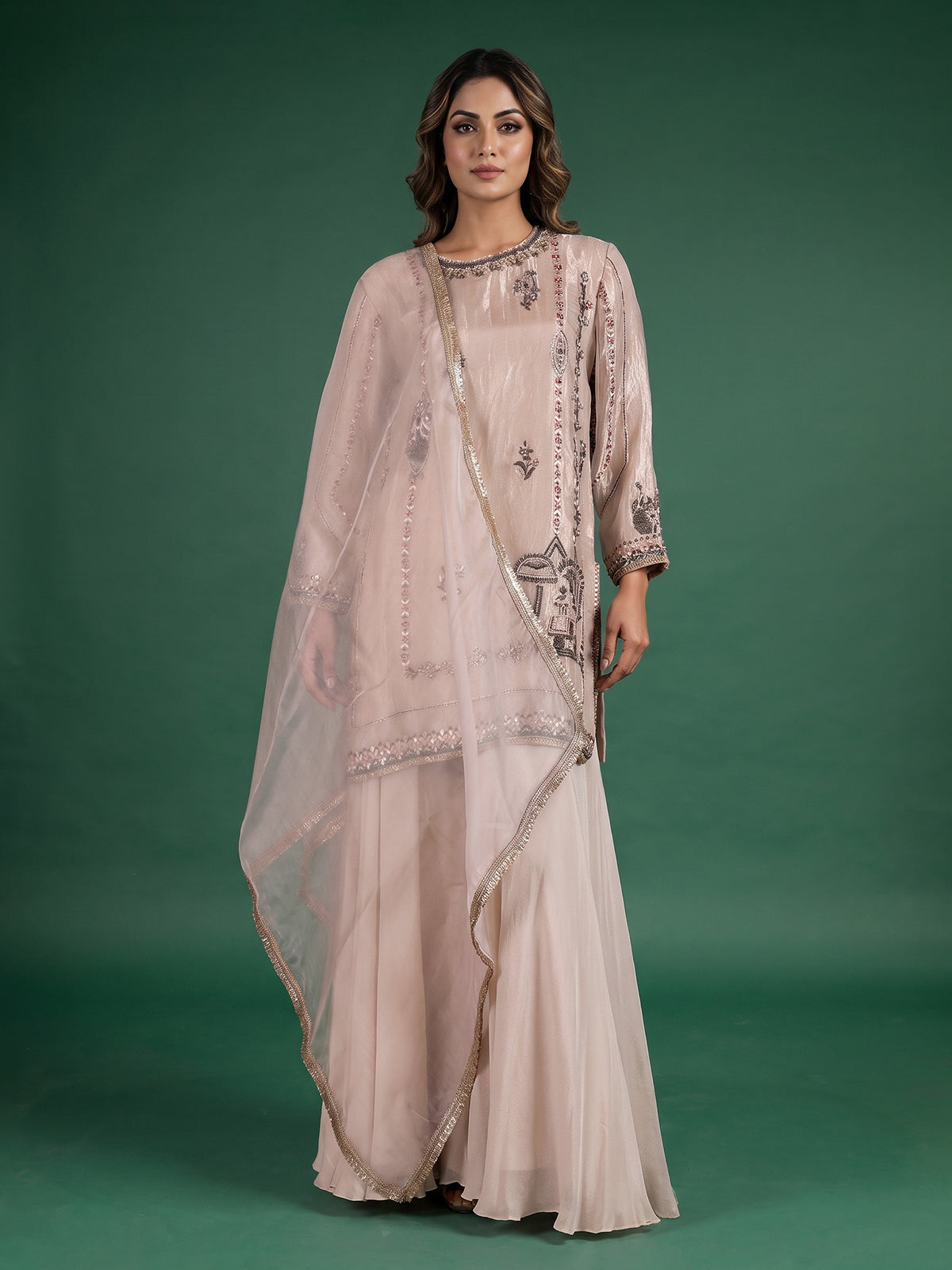 Beige designer shimmer silk sharara suit