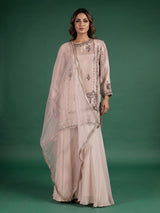 Beige designer shimmer silk sharara suit