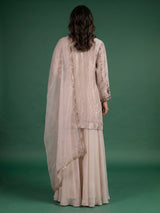 Beige designer shimmer silk sharara suit