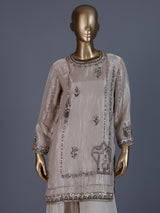 Beige designer shimmer silk sharara suit