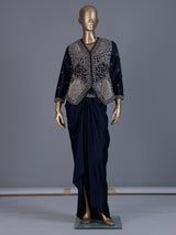 Navy blue premium satin silk indo western suit