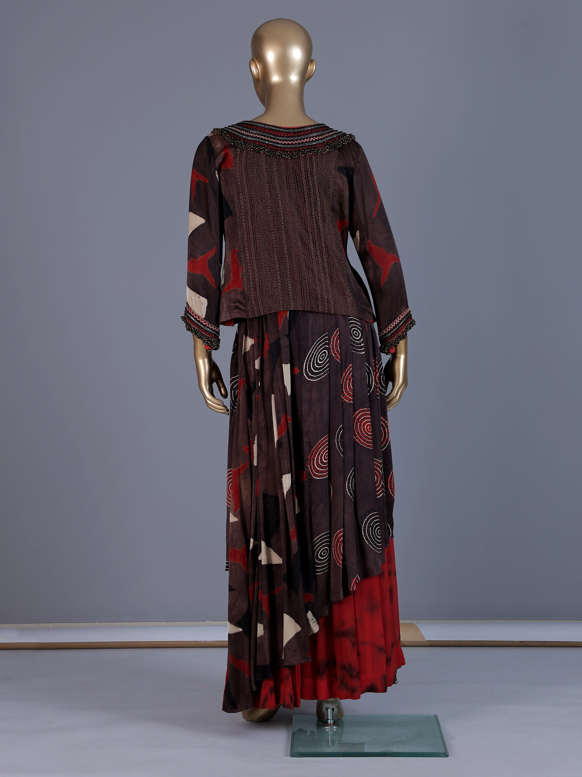 Brown printed designer maxi skirt suit