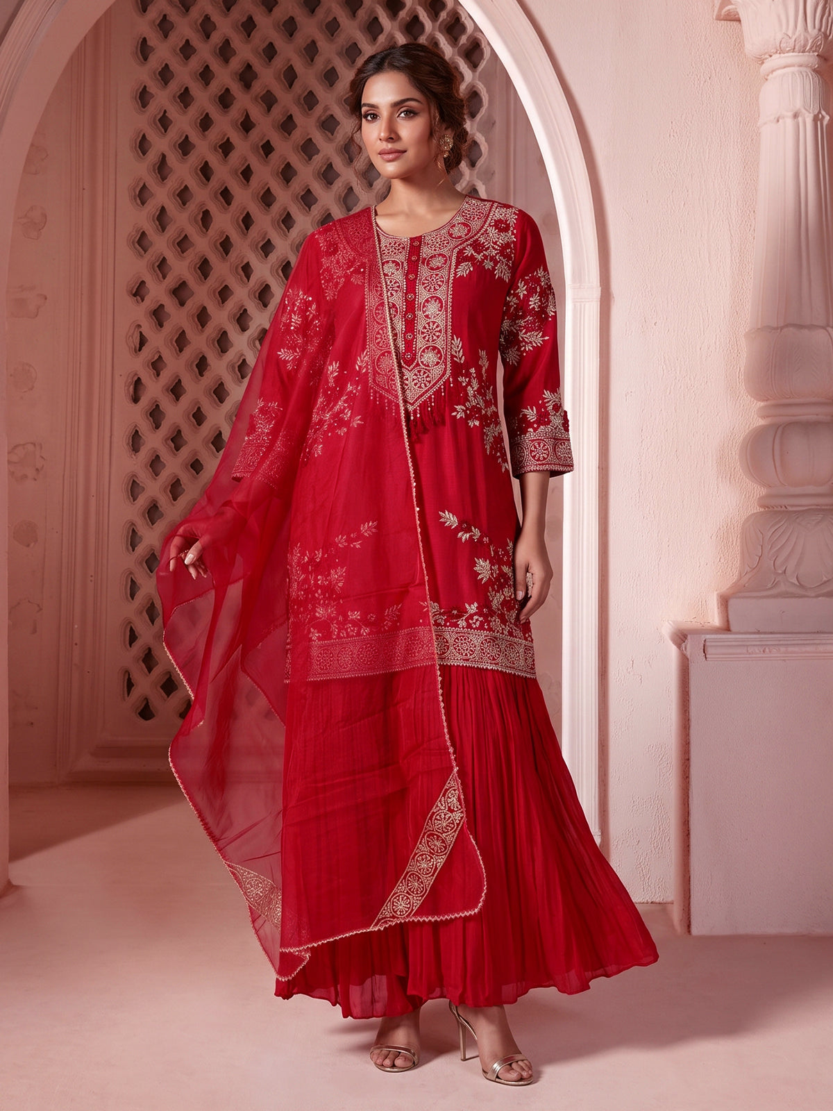Red embroidered silk sharara suit with dupatta