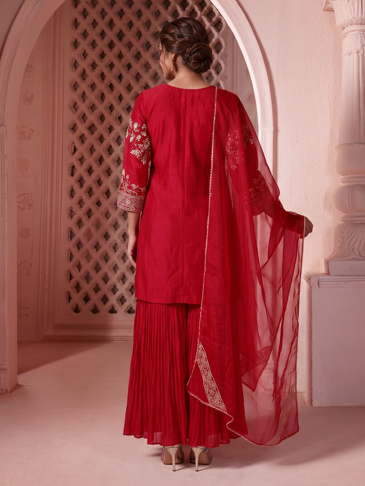Red embroidered silk sharara suit with dupatta