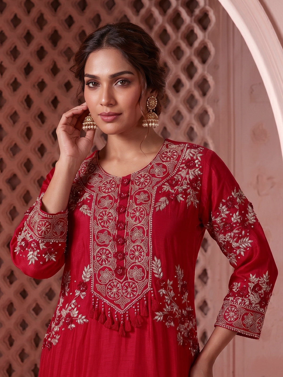 Red embroidered silk sharara suit with dupatta