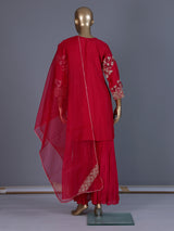 Red embroidered silk sharara suit with dupatta