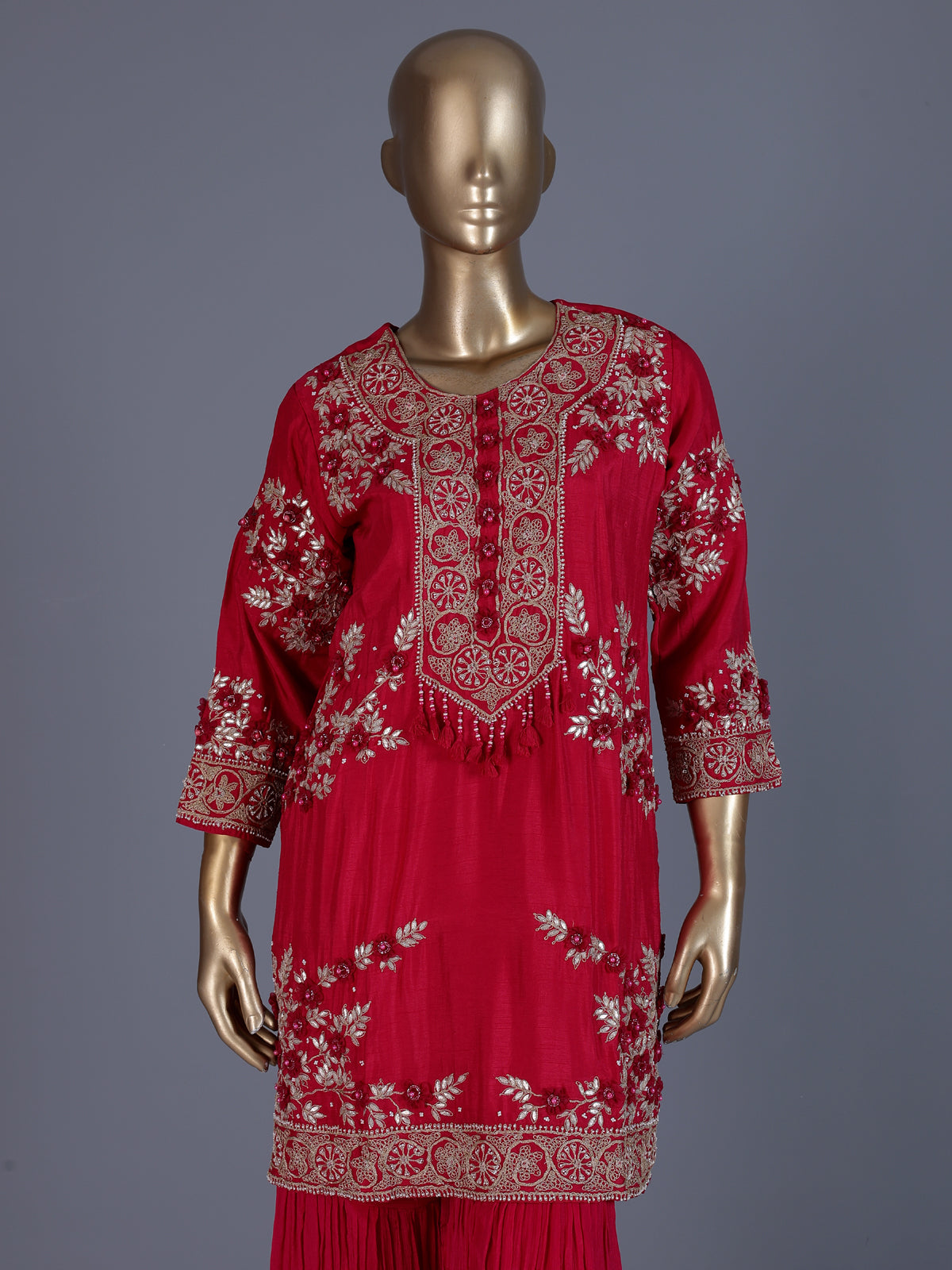 Red embroidered silk sharara suit with dupatta