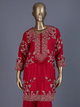 Red embroidered silk sharara suit with dupatta