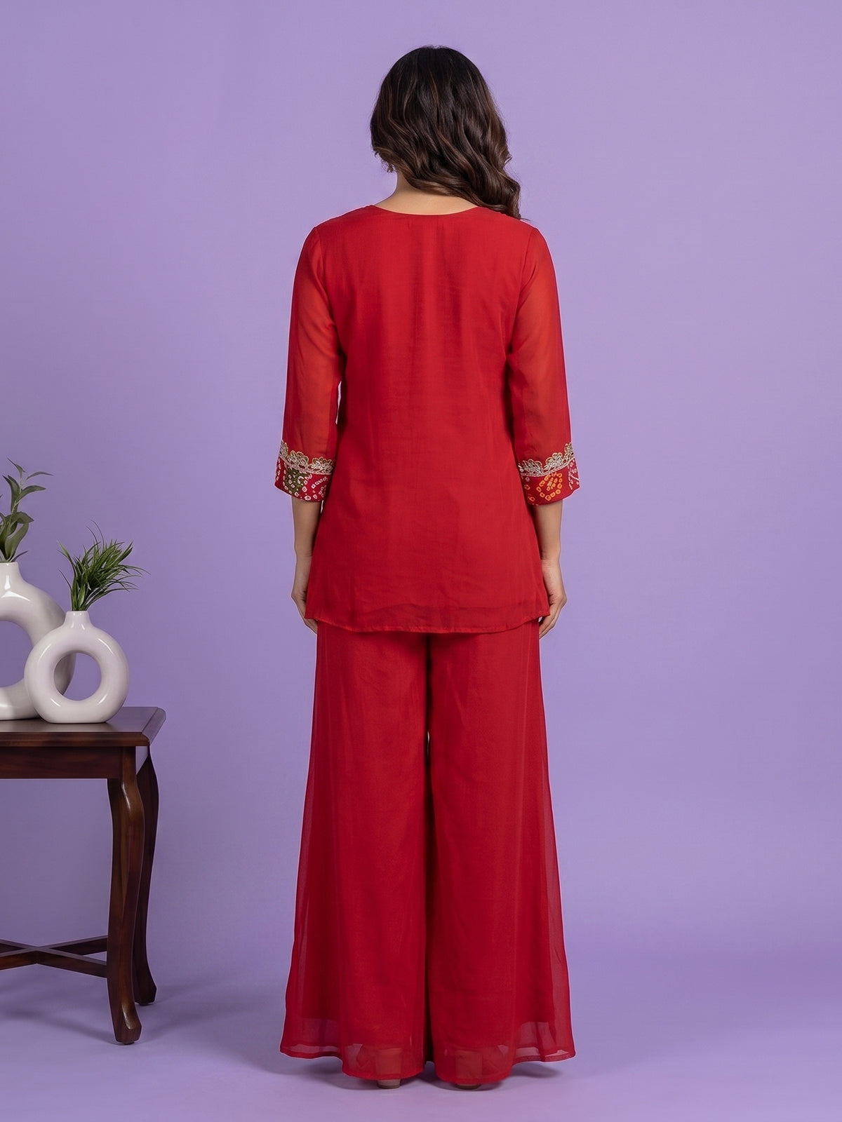 Red printed georgette silk palazzo suit