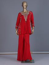 Red printed georgette silk palazzo suit