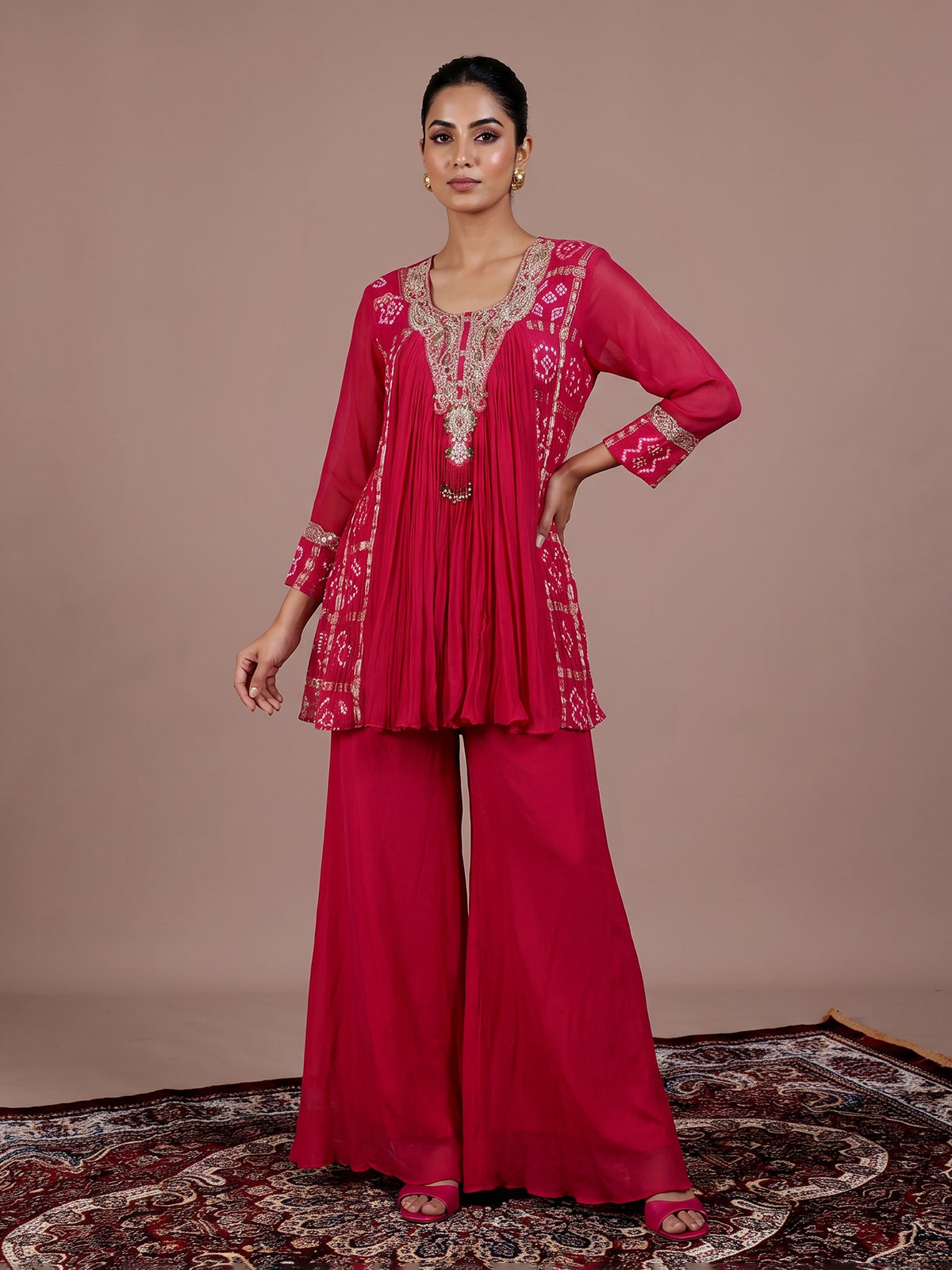 Rani pink printed georgette palazzo suit