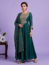 Green embroidered modal satin floor length