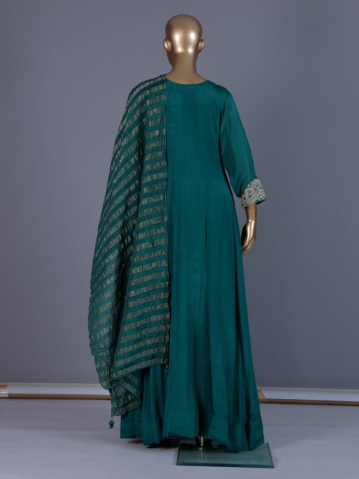 Green embroidered modal satin floor length