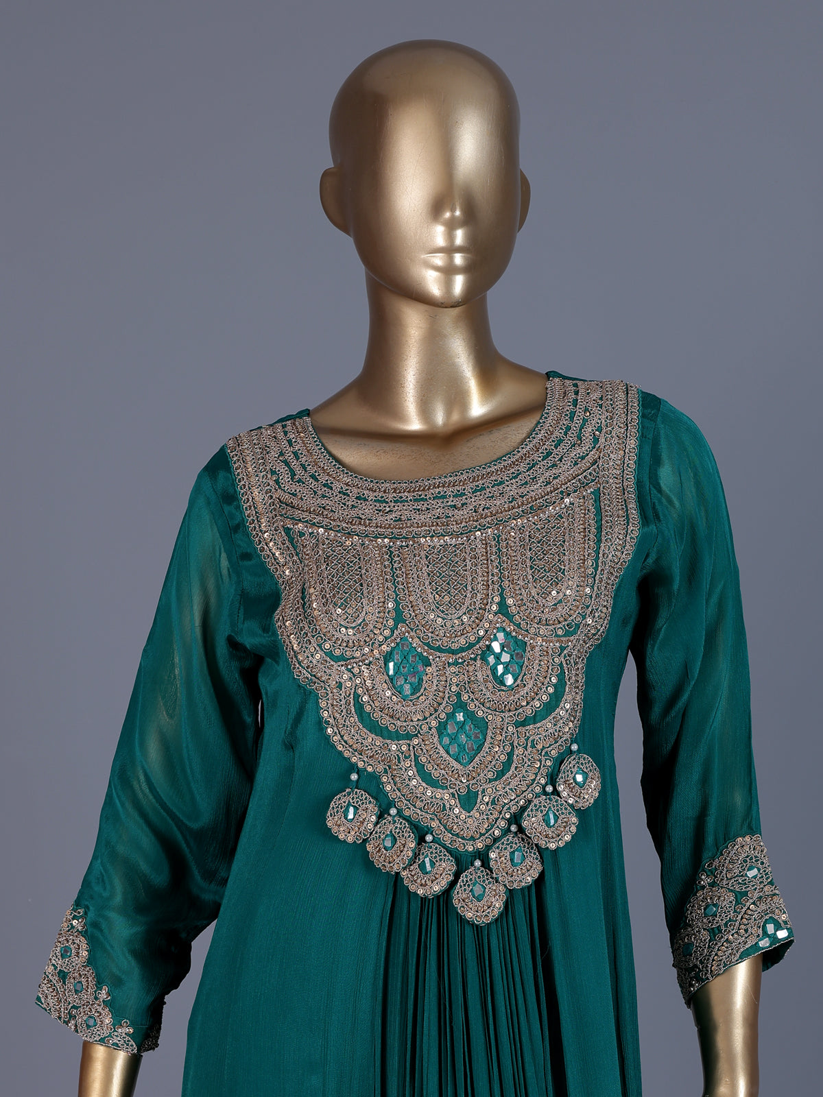 Green embroidered modal satin floor length