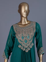 Green embroidered modal satin floor length
