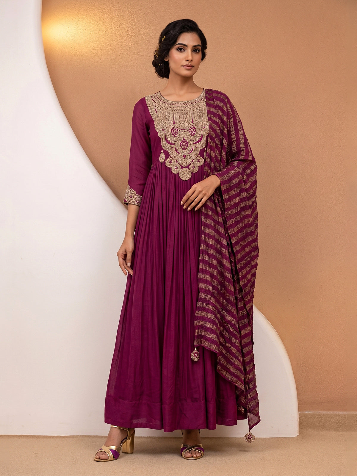 Purple designer modal satin floor length suit
