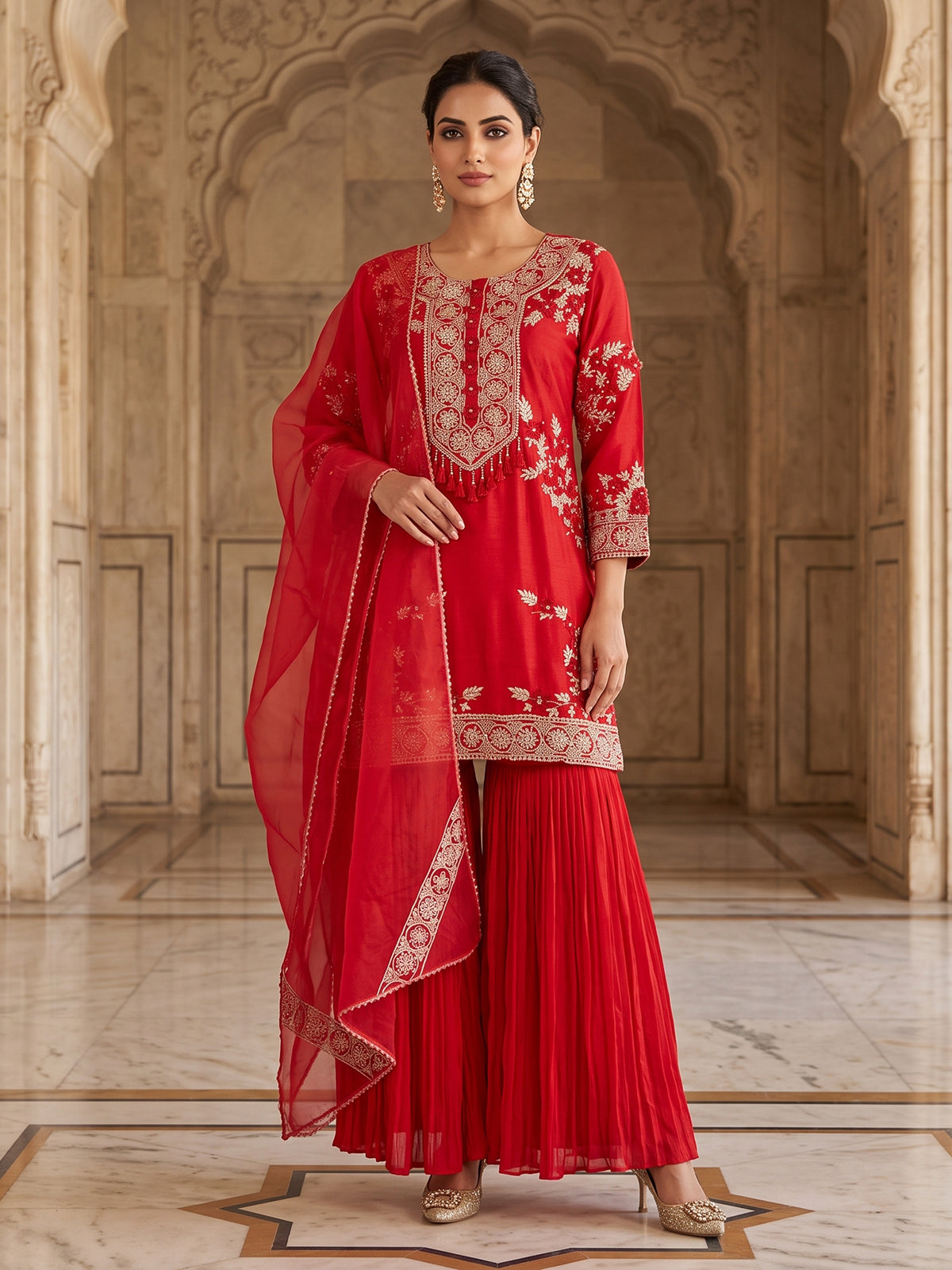 Red premium cotton silk sharara suit