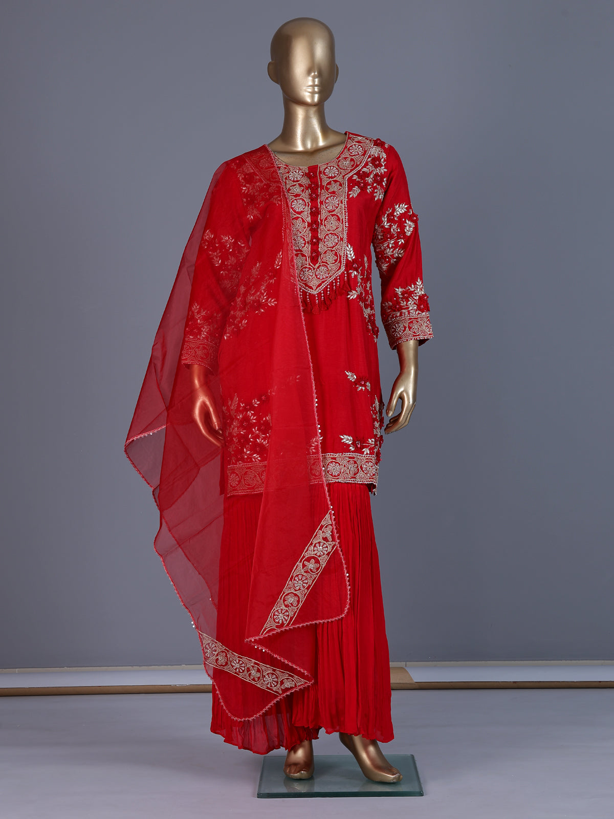 Red premium cotton silk sharara suit