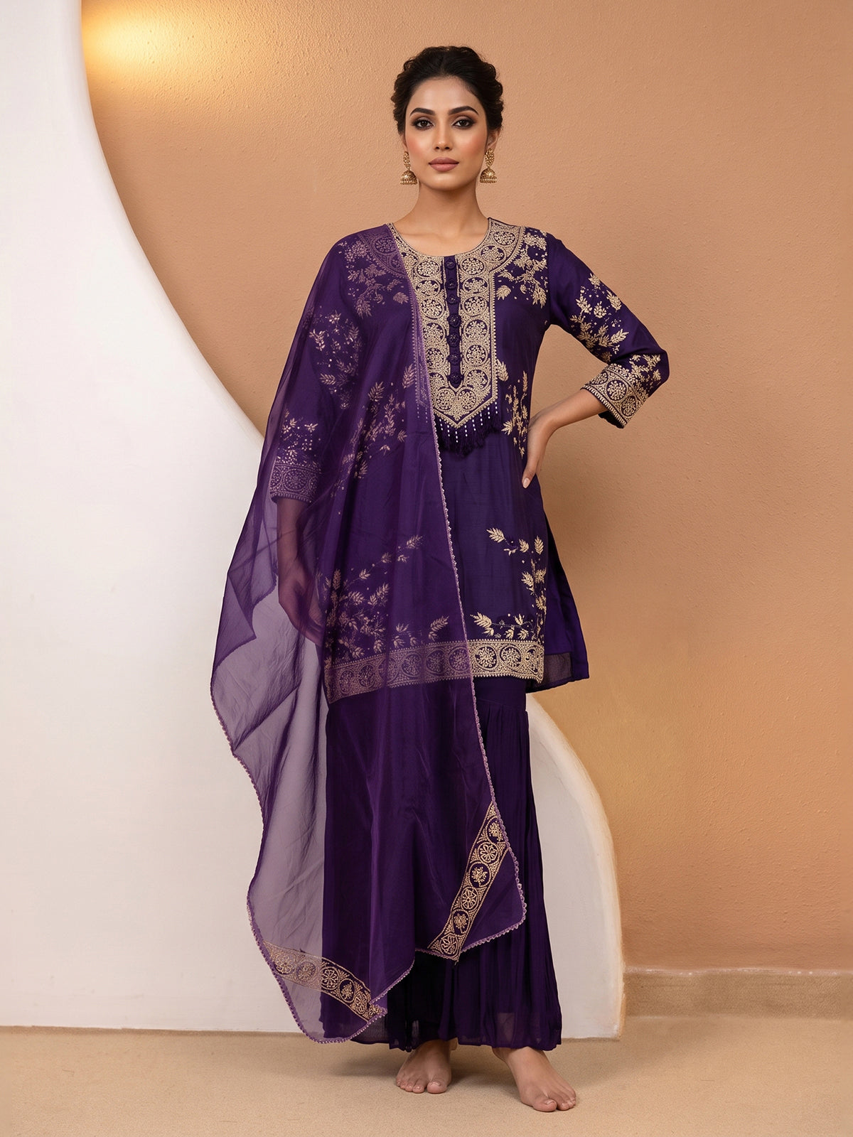 Purple designer cotton silk sharara suit