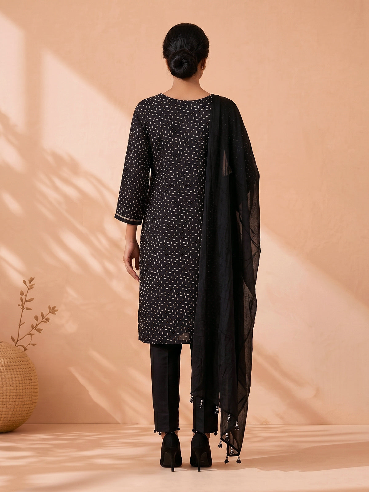 Black bandhani printed muslin silk pant suit