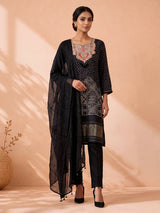 Black bandhani printed muslin silk pant suit