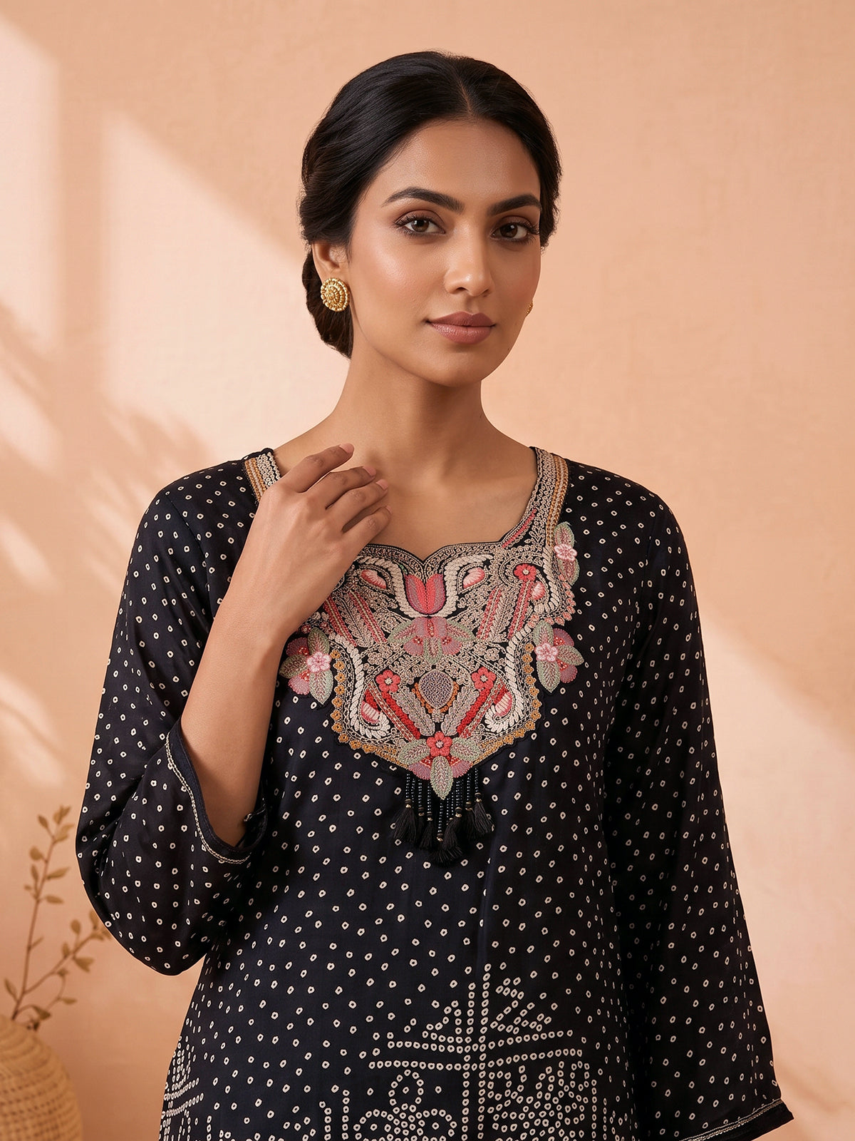 Black bandhani printed muslin silk pant suit