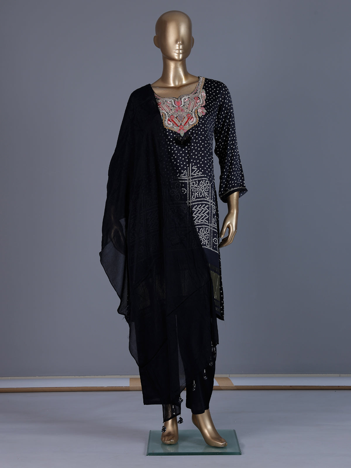 Black bandhani printed muslin silk pant suit