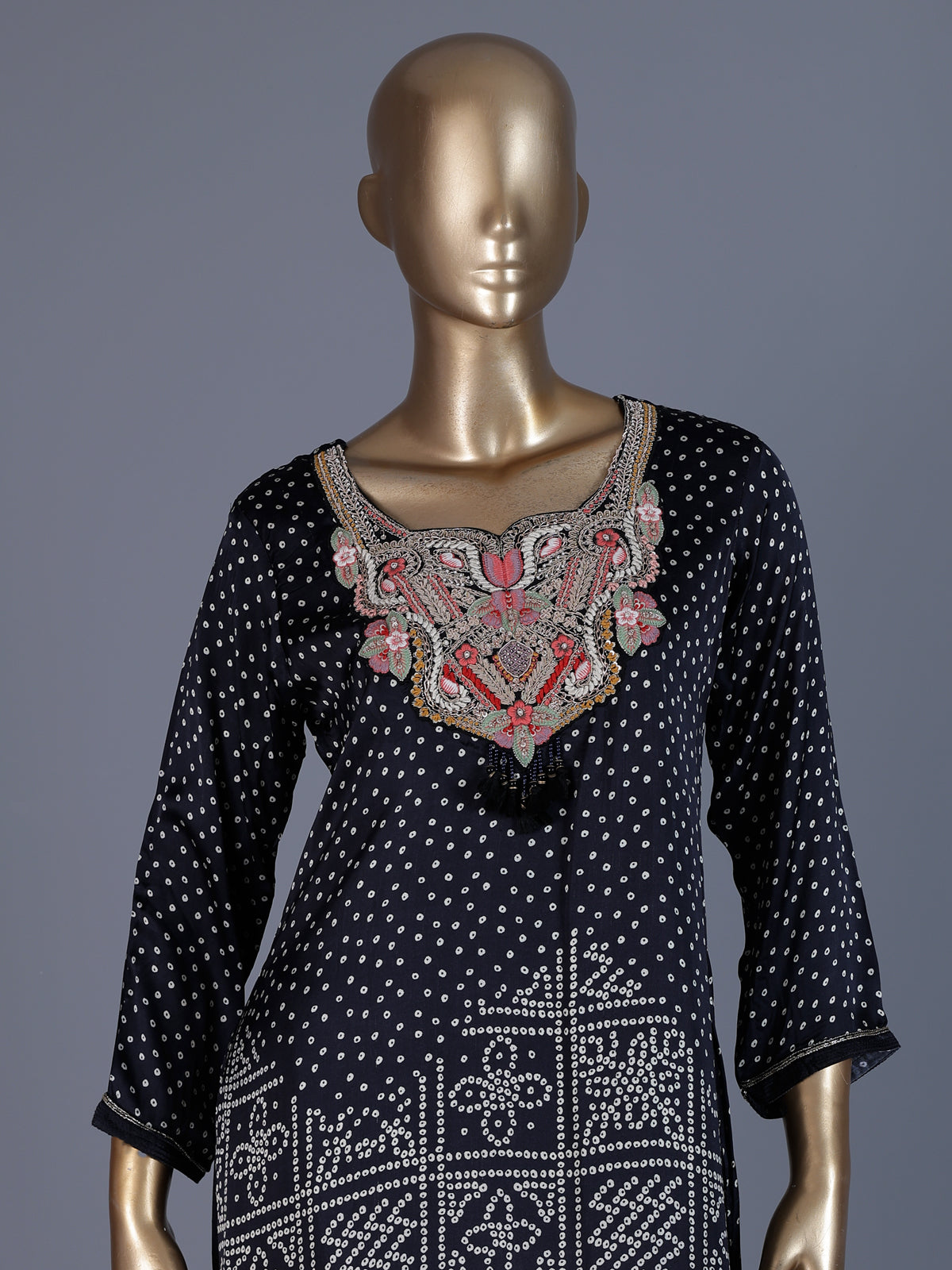 Black bandhani printed muslin silk pant suit