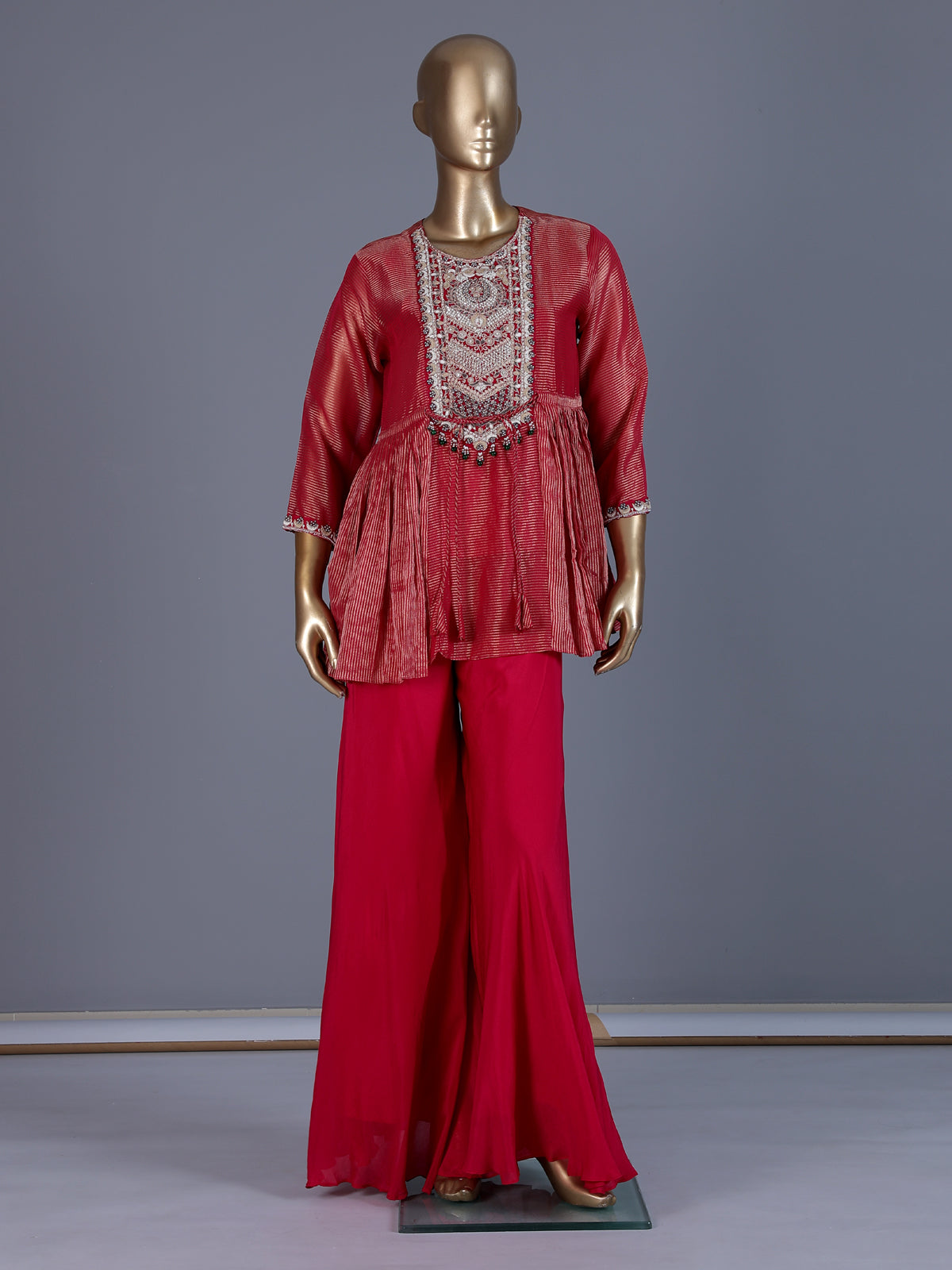 Rani pink embroidered silk sharara suit