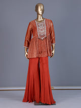 Rust orange designer silk sharara suit